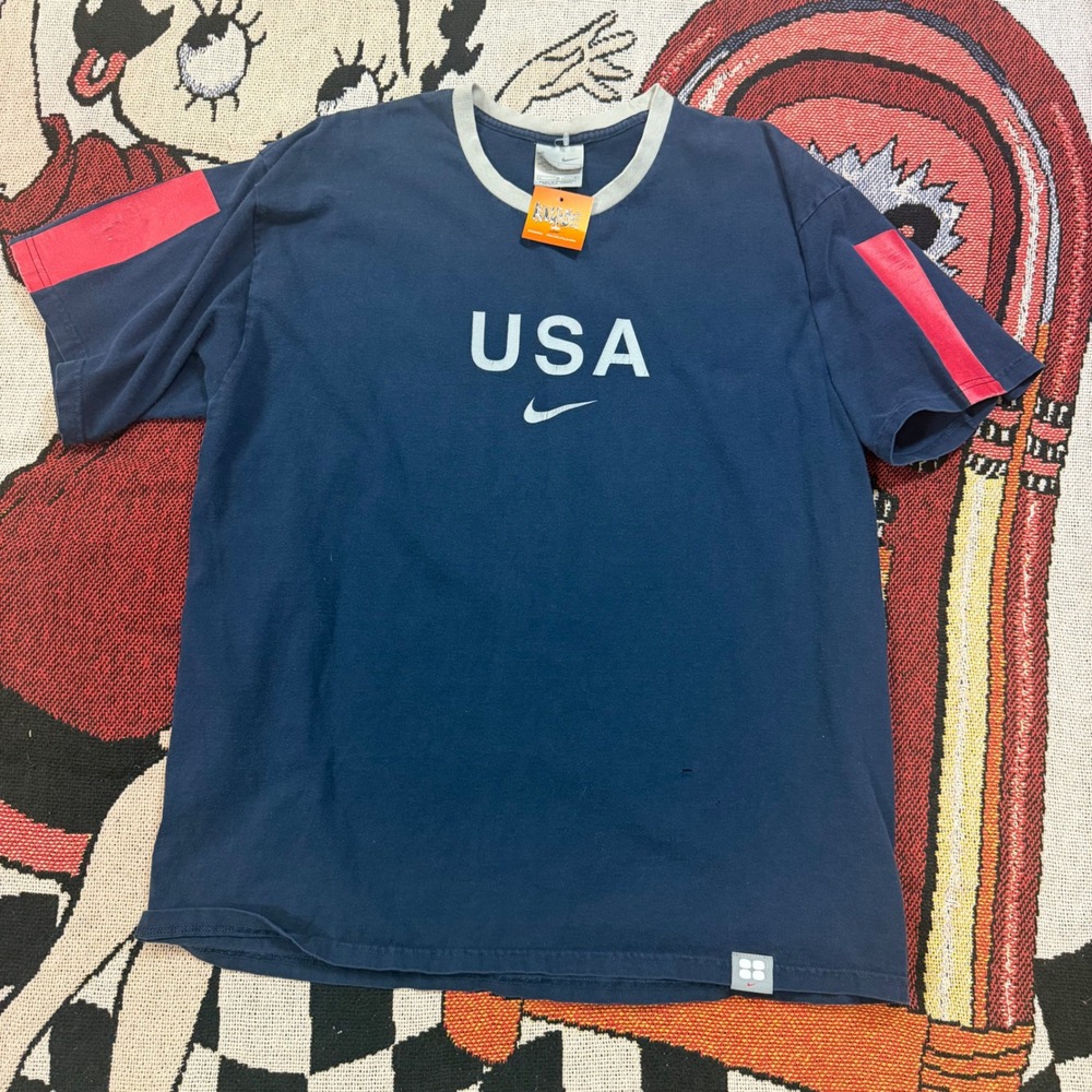 Vintage Nike USA Ringer T-Shirt Navy Blue Red Stripe Mens Large Y2K Sportswear